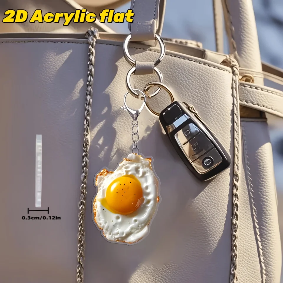 2D Fried Egg Keychain Flat Acrylic Decoration Perfect for Backpacks and Christmas Tree Ideal Party Gift and Halloween Present