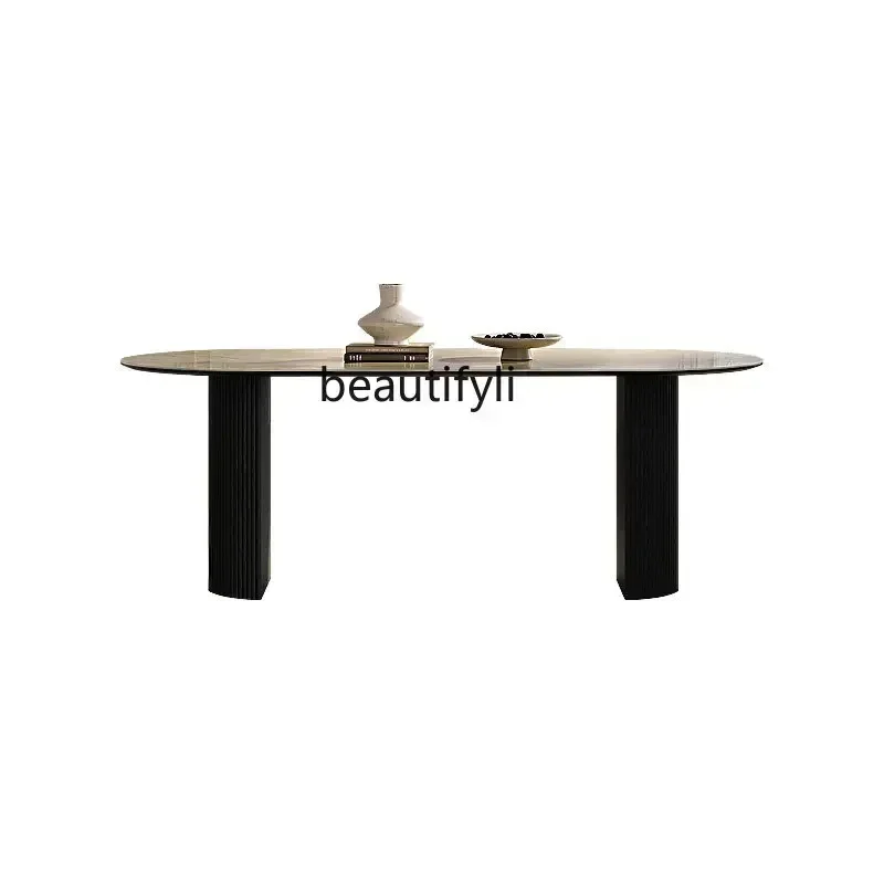 183French retro rock slab dining table and chair combination modern oval solid wood rock slab dining table