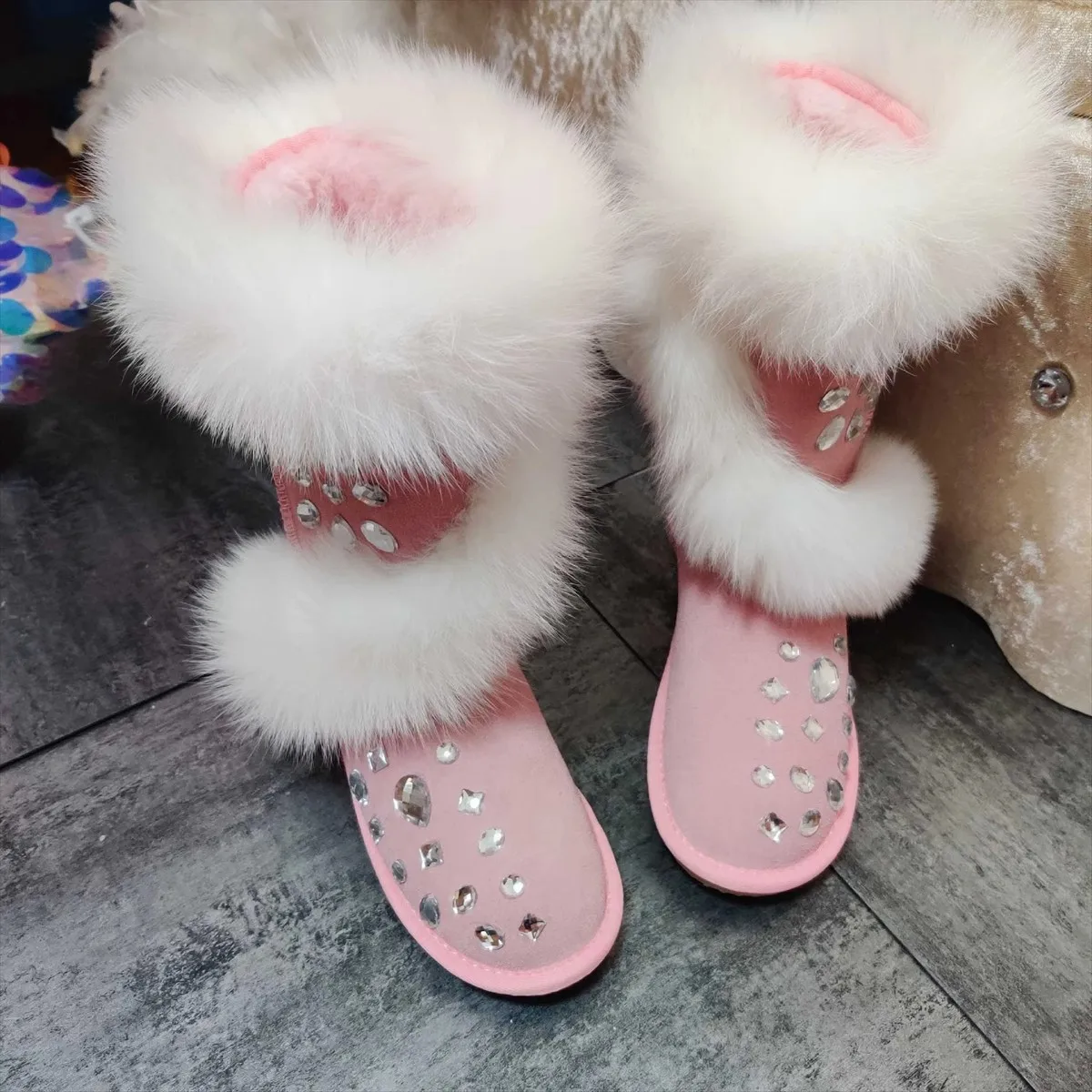 Luxury Design Rhinestone Fur Pink Snow Boots Women Fairy Style Round Toe Genuine Leather Thick Bottom Winter Warm Boots