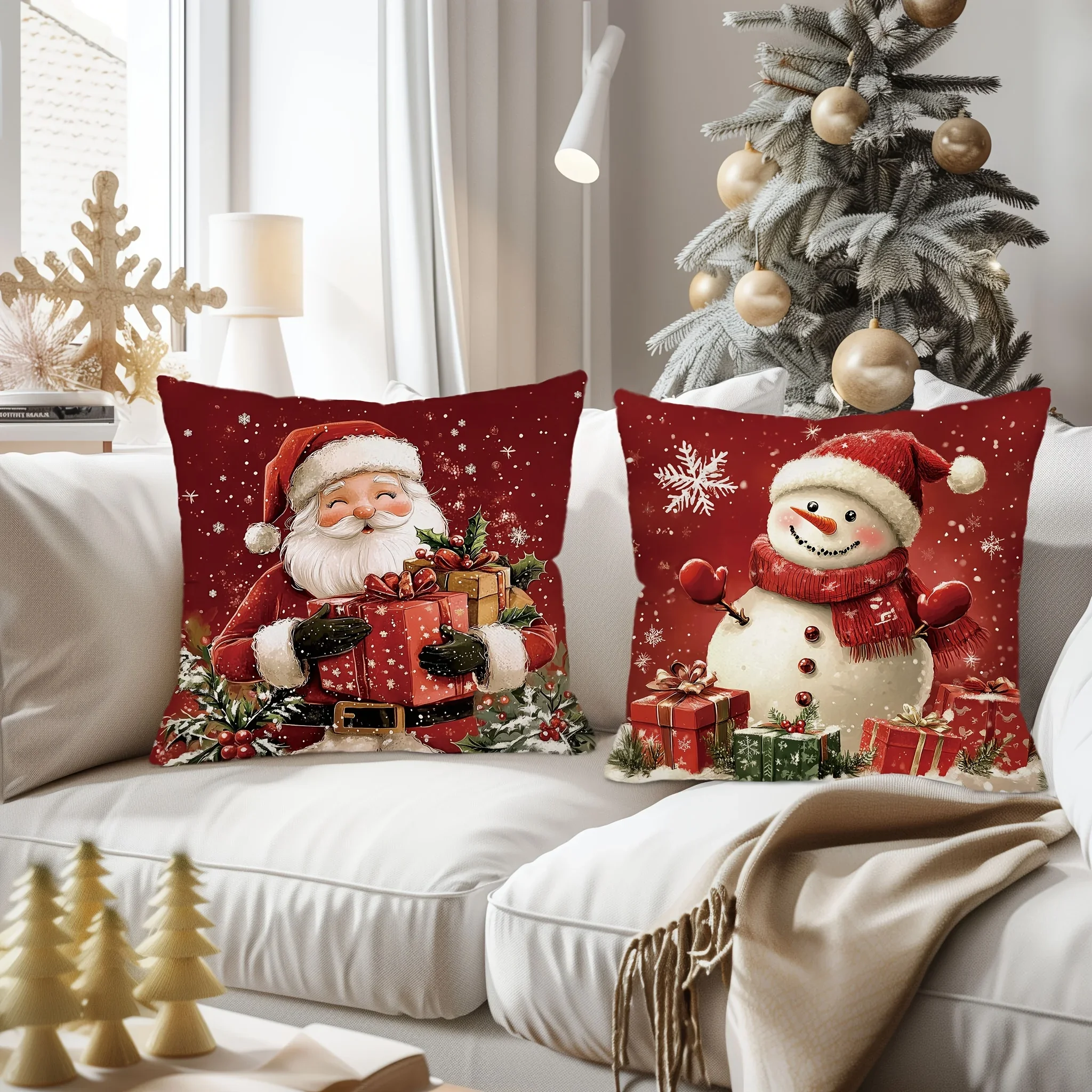 1 funda de almohada navideña de Papá Noel y muñeco de nieve, fundas de cojines con diseño festivo de árbol de Navidad y regalos