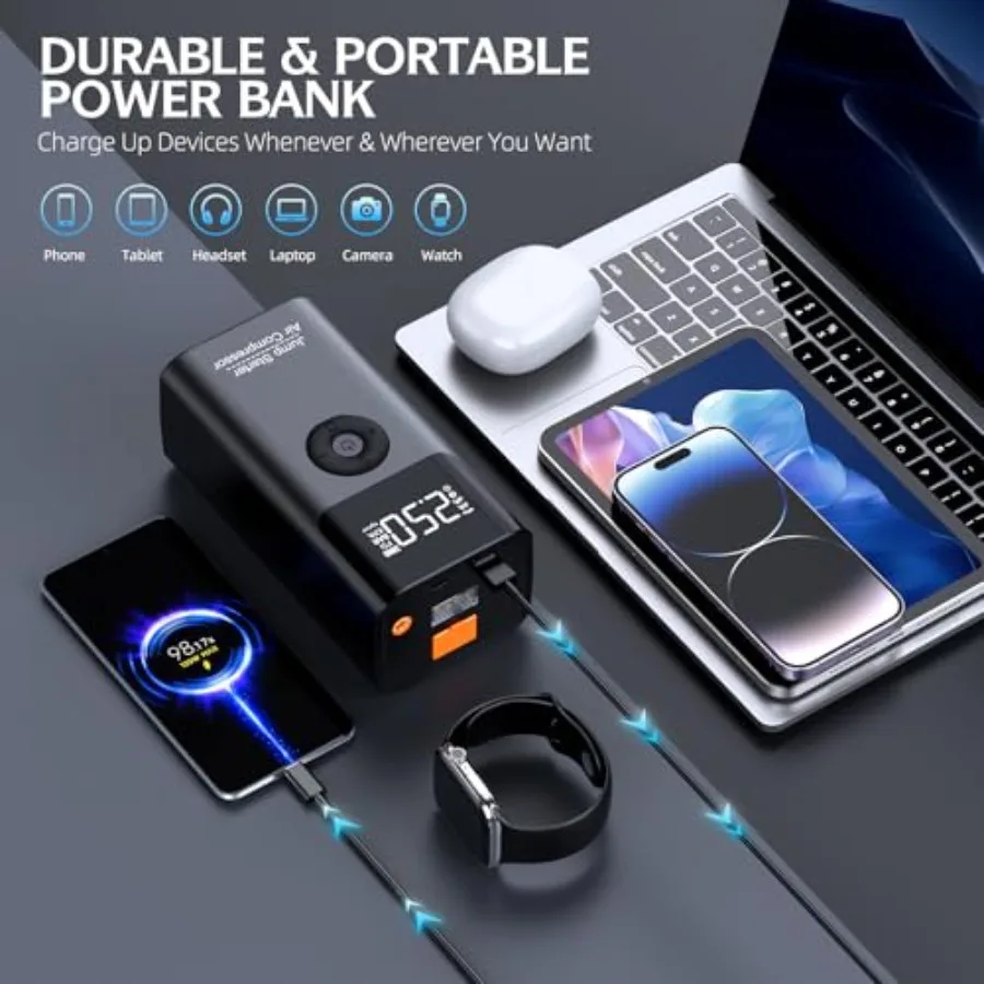 حزمة بادئ تشغيل بطارية السيارة المحمولة مع ضاغط الهواء 3500A 150PSI لمحرك الغاز ما يصل إلى 9.0L ومحرك الديزل 8.0L 12V Ju #5