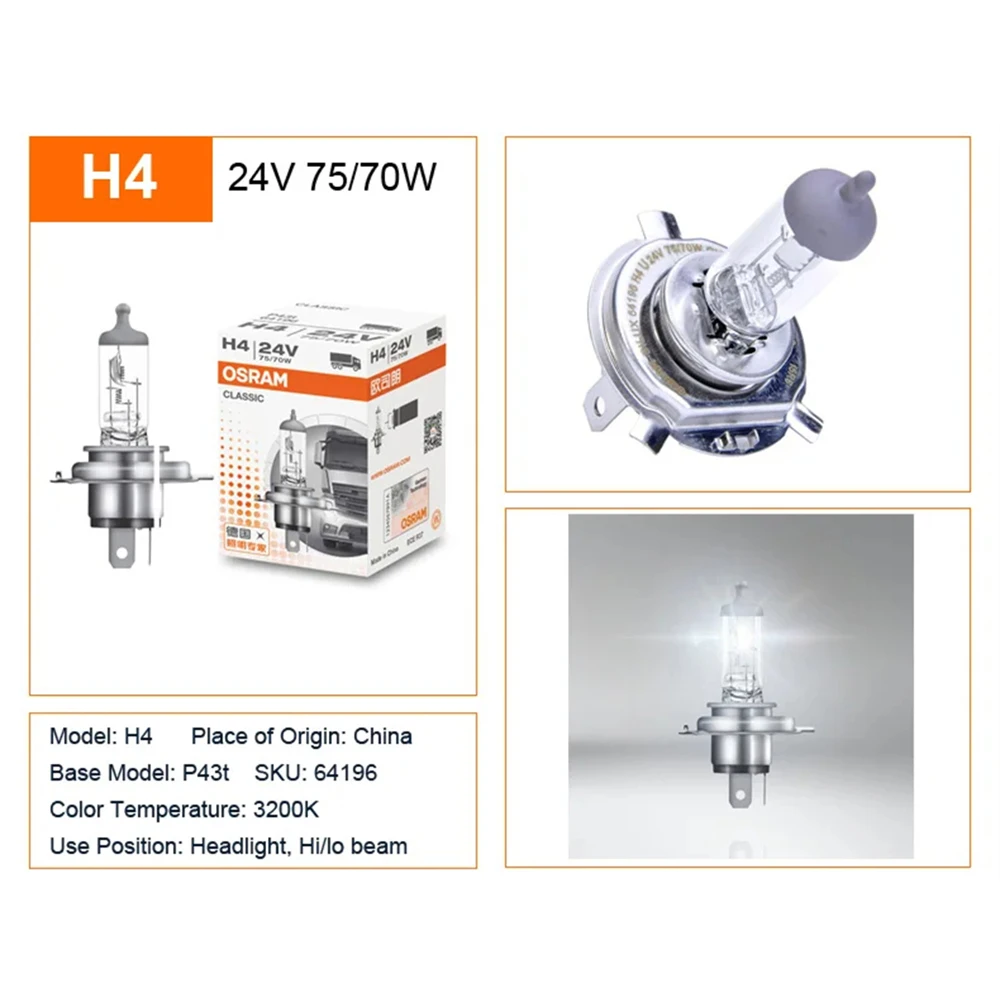 OSRAM CLASSIC Truck Original Headlight H4 64196 P43t Standard Lamp Light HB2 9003 24V 75/70W 3200K Hi/lo Beam Halogen Bulb