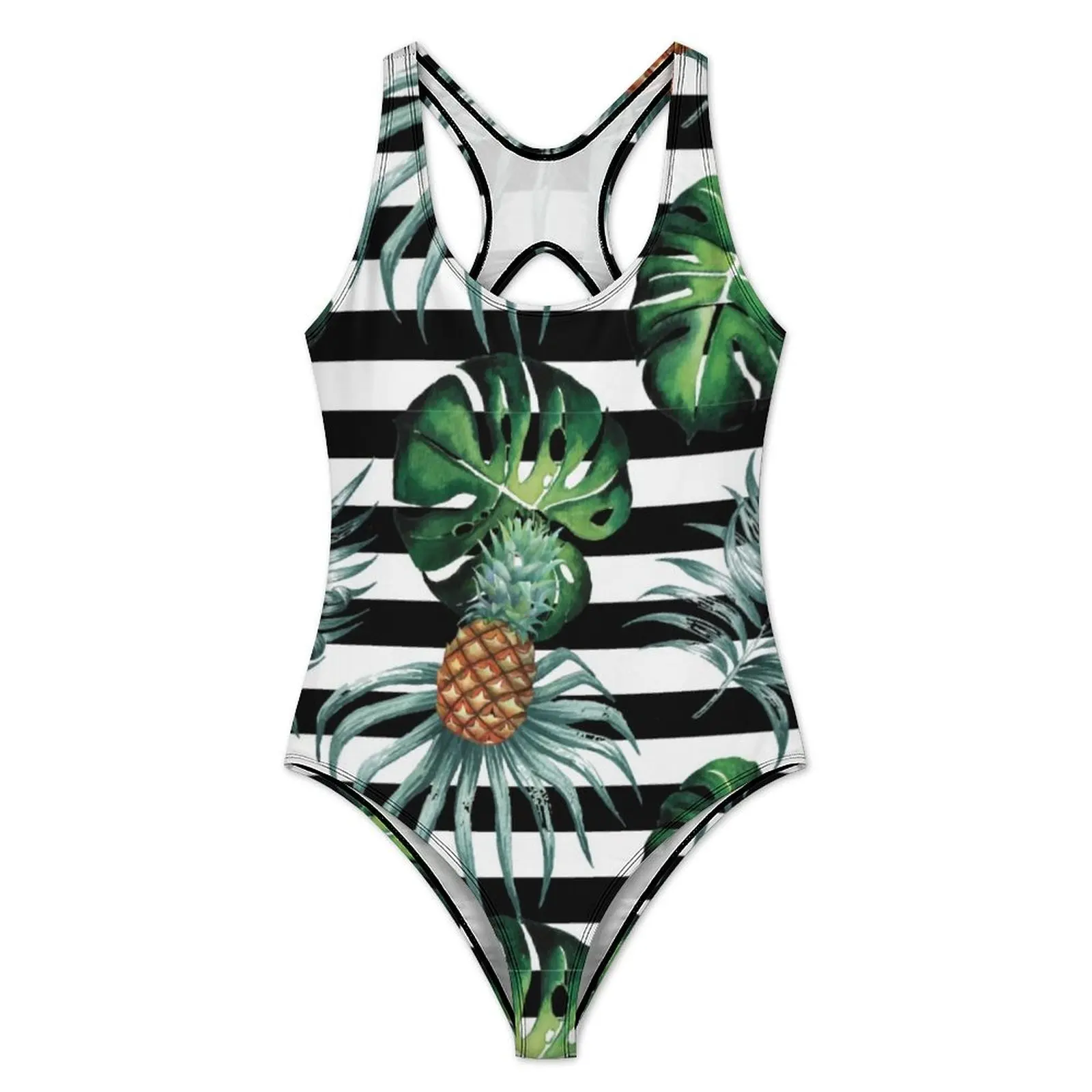 Tropical Pineapple Swimsuit Sexy Black Stripes Print Women Swimwear One Piece Stylish Bodysuit Vacation Push Up Beach Outfits