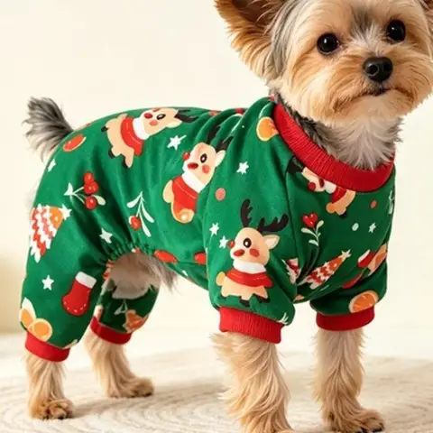 Cute Soft Fleece Christmas Dog Jumpsuit Warm Cartoon Dog Four Legged Coat Santa Claus Print Breathable Dog Pajamas Daily Wear