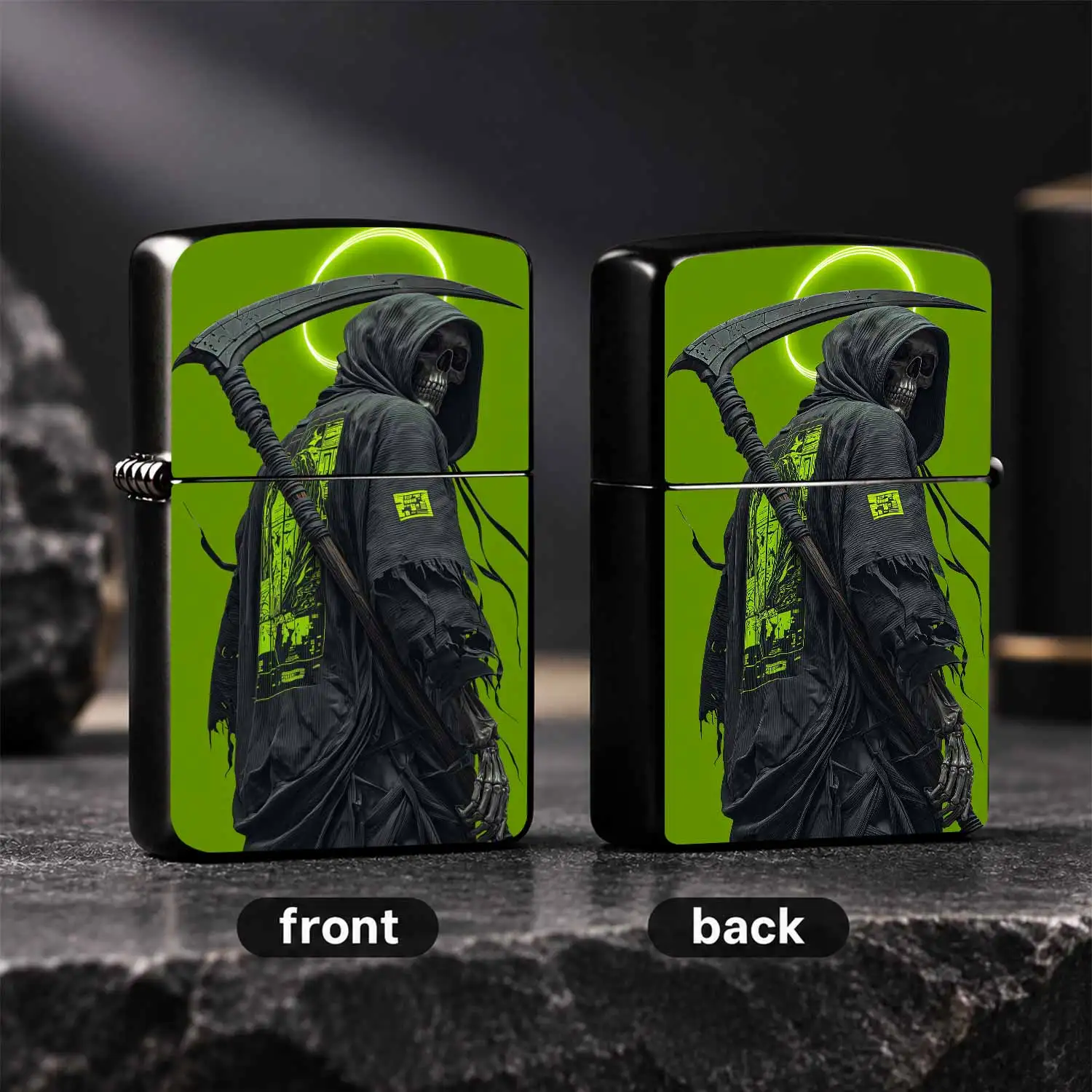 Trendy Cyber Grim Reaper Lighter With Neon Green Pattern, Cool Dark Art Stylish Portable Ignition Device, Perfect For Daily Indoor Outdoor Multi Scenarios, Unique Creative Vibe Ideal Gift For Yourself And Friends A Humorous And Interesting