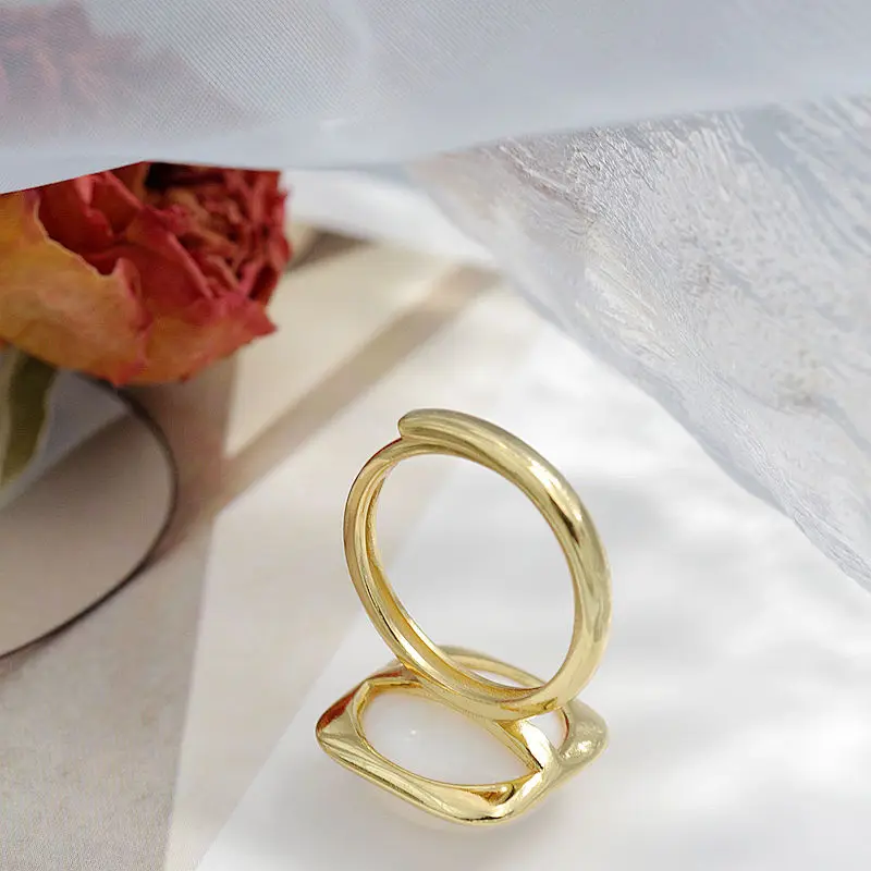 Trendy Elegant Women 925 Sterling Silver Ring Inlaid White Mother-of-Pearl 18k Gold Plating Adjustable Rings High-end Jewelry