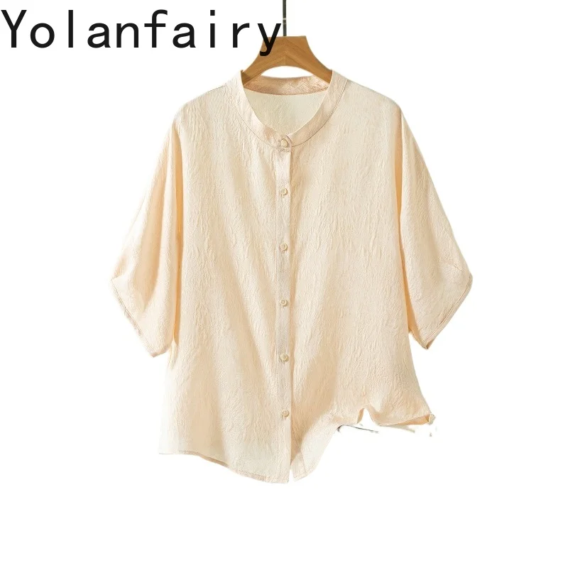 

YOLANFAIRY 100% Real Mulberry Silk Shirts Woman Clothing Summer OL Loose Blouses Elegant Bat Sleeve Casual Womens Tops Shirt
