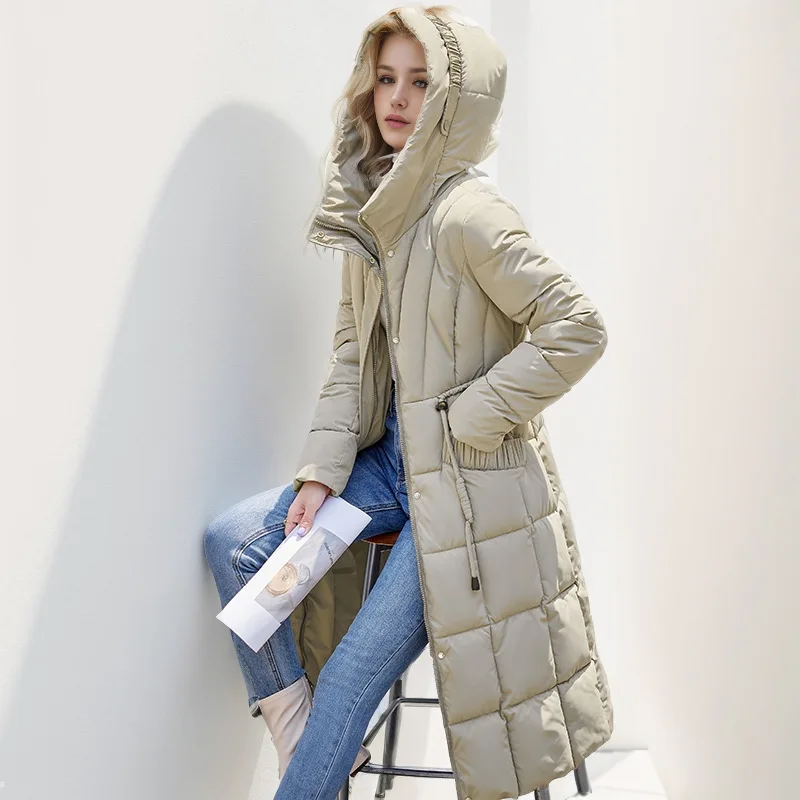 YJKDYK 2024 Winter Women\'s Long Cotton Jacket Female Knee Length Slim Fit Hooded Waistband Parkas Coats Women\'s Thick Warm Coats