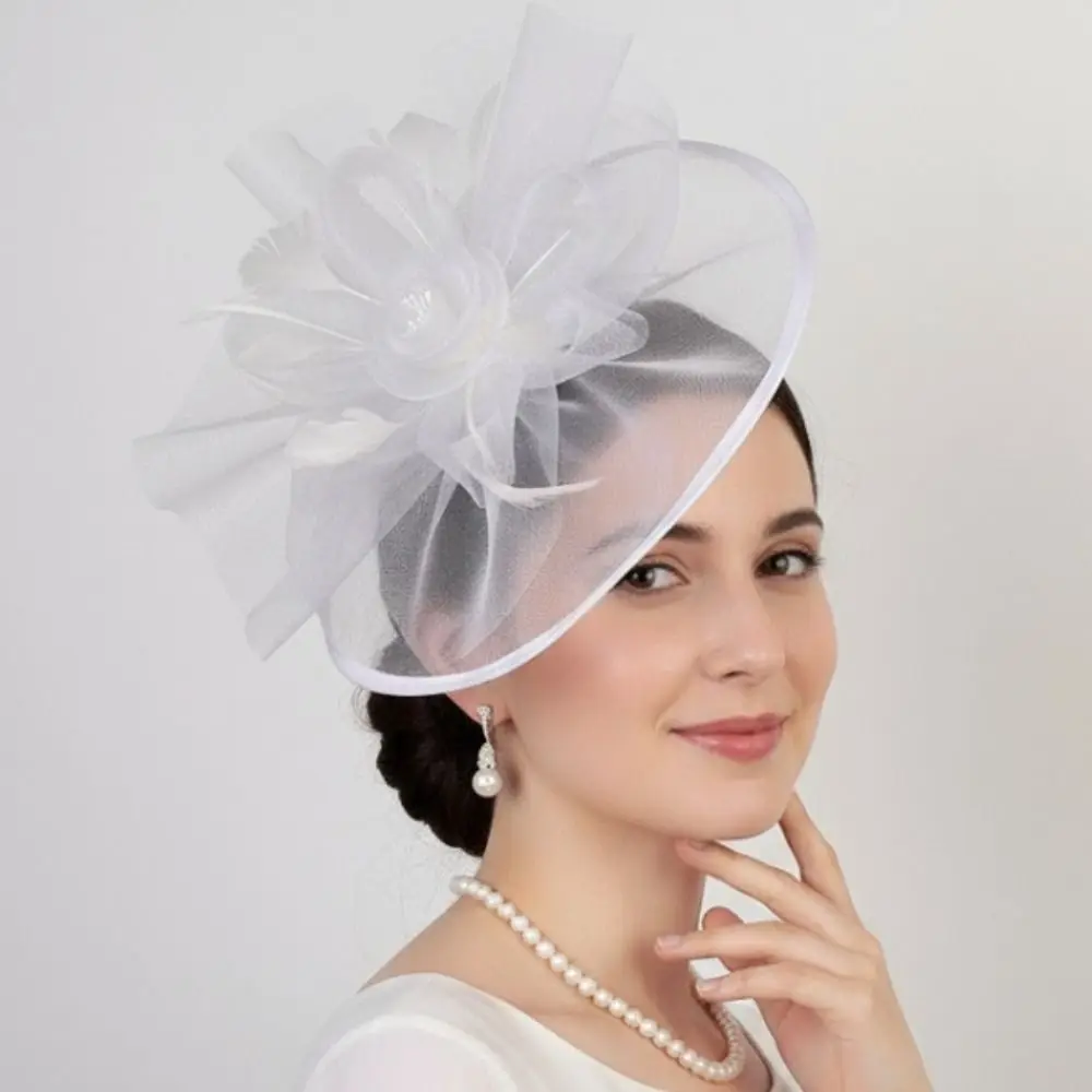 Haarspange, exquisiter Feder-Fascinator-Hut, französischer Netz-Tee-Party-Hut, Blumen-Schleife, Braut-Kopfschmuck, Tanzshow – Detail 10