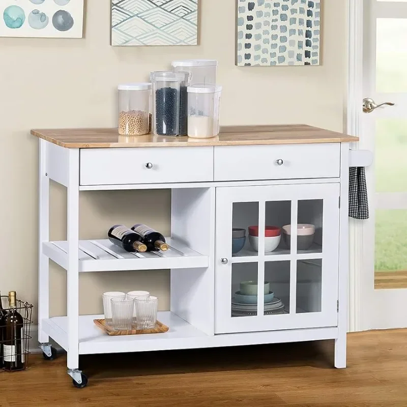 ChooChoo-îlot de cuisine roulant, chariot de cuisine portable à plateau en bois avec égouts de proximité et armoire à porte en verre, blanc