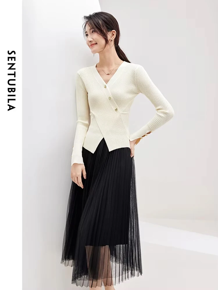 SENTUBILA 2024 Spring Elegant Mesh Skirt Set Women Knitted Slim V-neck Tops Female Midi Fluffy Skirts 2 Pieces Sets 733Z51563