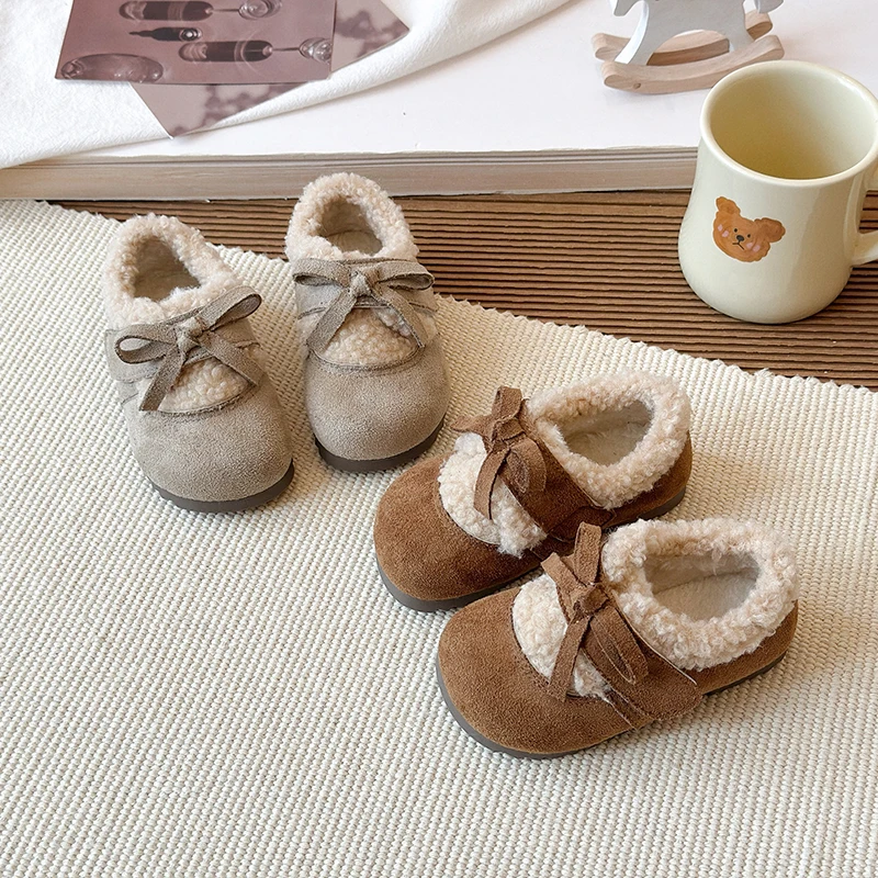 

Outdoor Girls Winter Cotton Shoes Fashion Kids Soft Bottom Princess Shoes Warm Causal Children's Plush Shoes with Bowknot 22-30