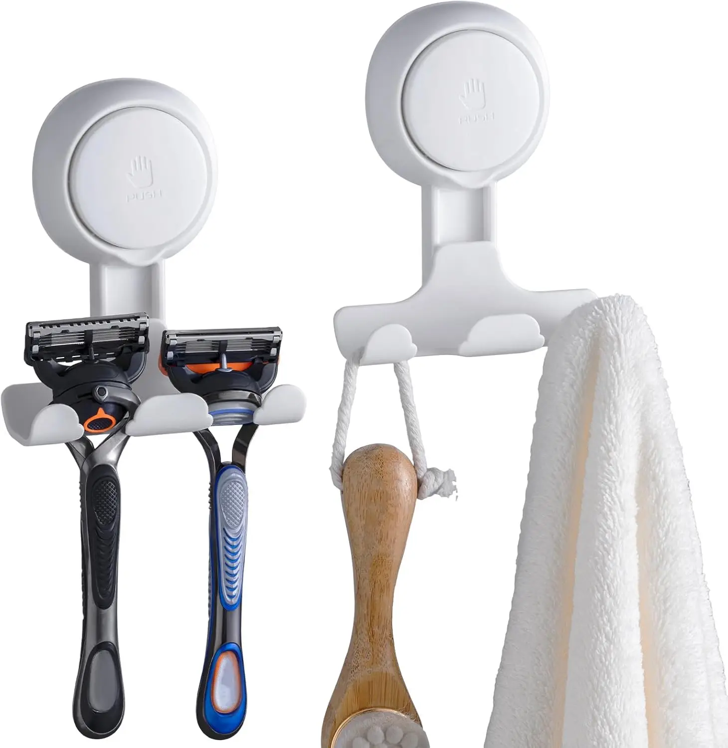 

2 Pack Suction Cup Razor Holder for Shower, Towel & Loofah Hooks, Easy Install, No Drilling, White