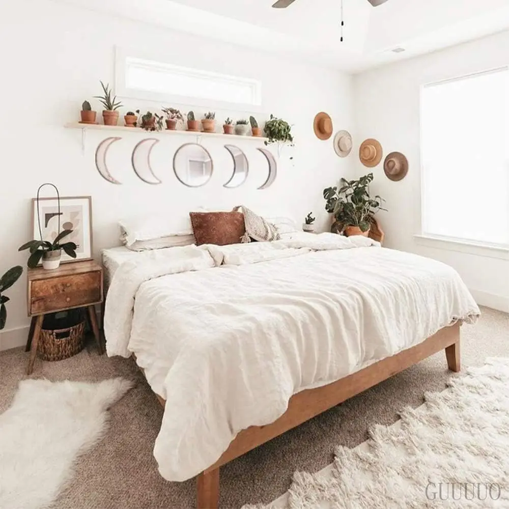 5-Piece Acrylic Wall Art Set - Wooden Moon Phase Mirror for Living Room or Bedroom, Beige
