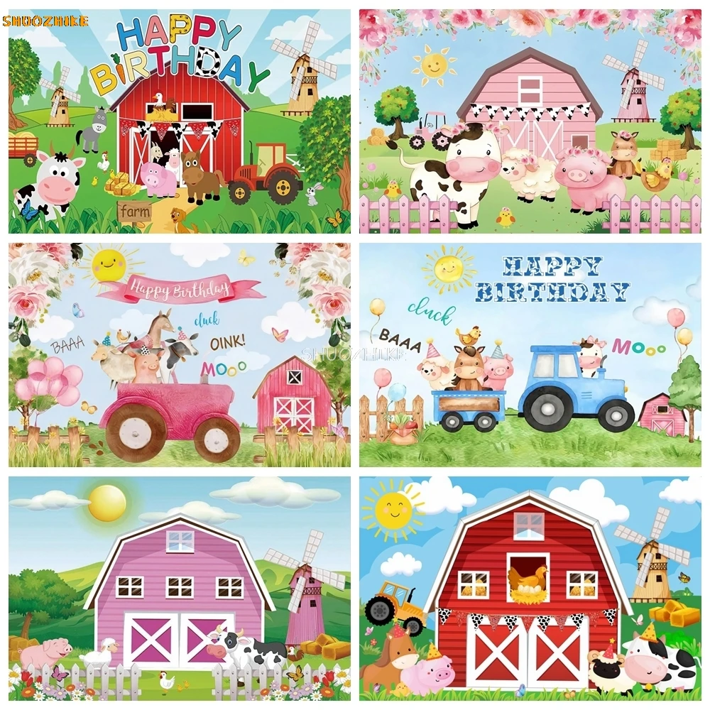 

Cartoon Farm Barn Photography Backdrop Animals Tractor Cow Newborn Baby Birthday Party Kids Portrait Background Photo Studio