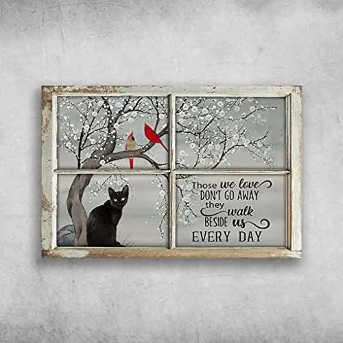 Retro Vintage Metal Plaque Black Cat and Cardinal Bird – Those We Love, Don’t Go Away 8x12 inches Home Wall Decoration Fun Gift