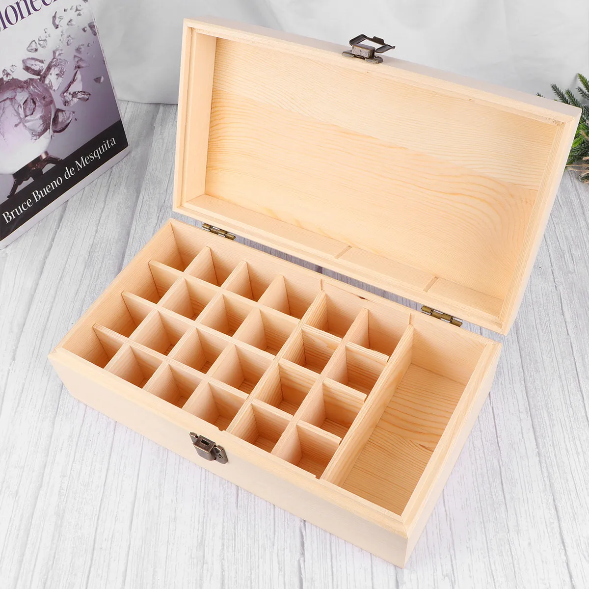 

25 Grid Pine Wood Essential Oil Storage Box Organizer for Aromatherapy Skincare Perfume Desktop Clutter Control Elegant Space