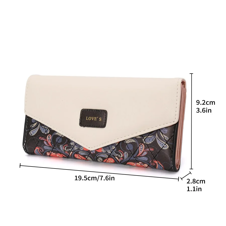 Women's Envelope Flower Long Wallet Contrasting Tri-Fold Printed Pu Leather Hasp Coin Wallet Handbag Mobile Phone Bag