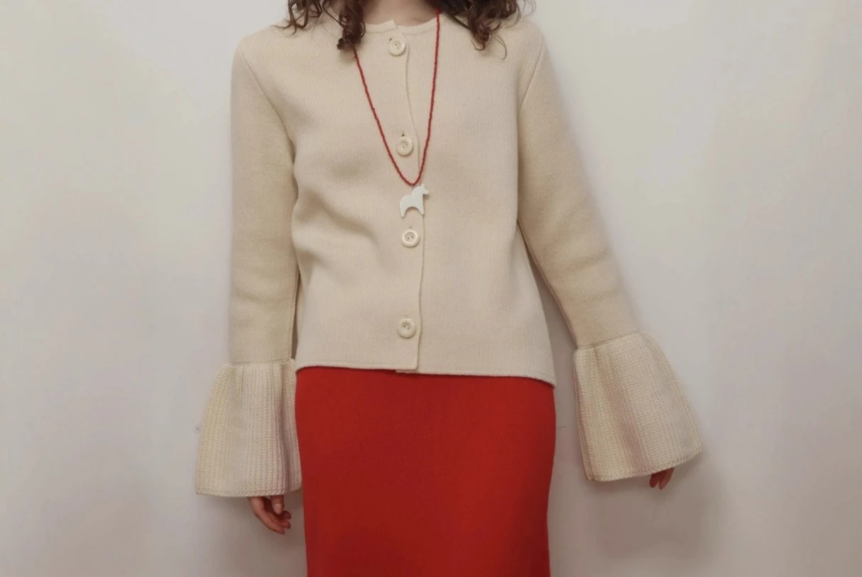 Strickjacke mit Hornärmeln, Frühling und Herbst, Rundhalsausschnitt, einfarbig, langärmelig, lockerer und schlankmachender Damenpullover