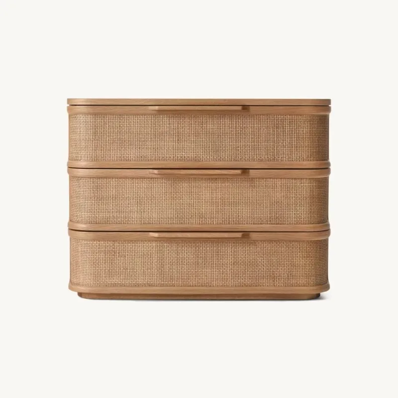 Factory Supplier Wooden Storage Side Table Rattan Nightstand Beside Table with 3 Doors for Brdroom