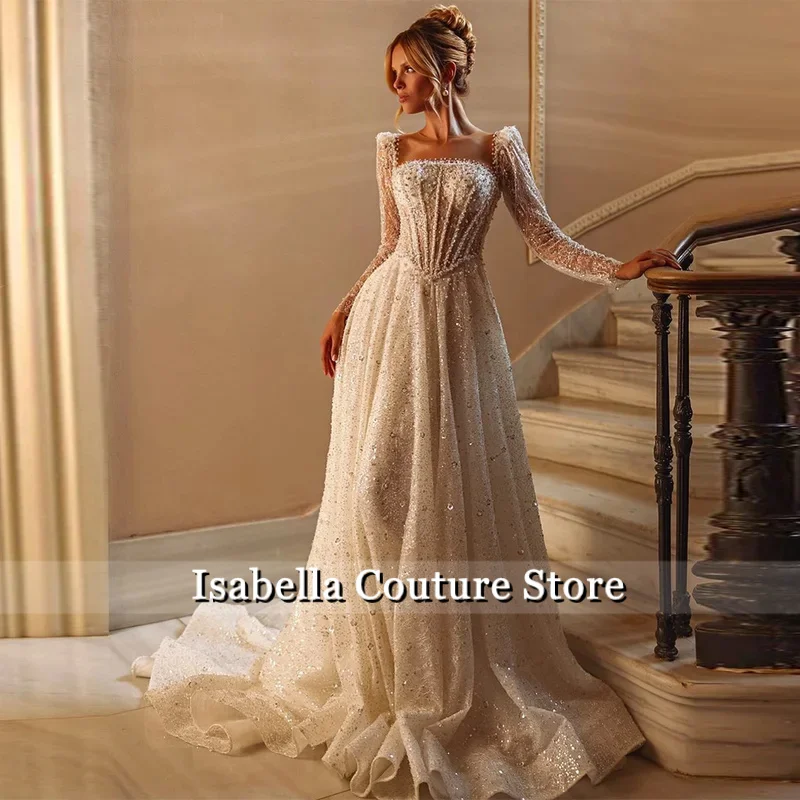 Elegant Square Collar Organza Wedding Dress Customized A-Line Long Sleeves Bridal Gowns Delicate Pearls Crystal Vestido De Novia