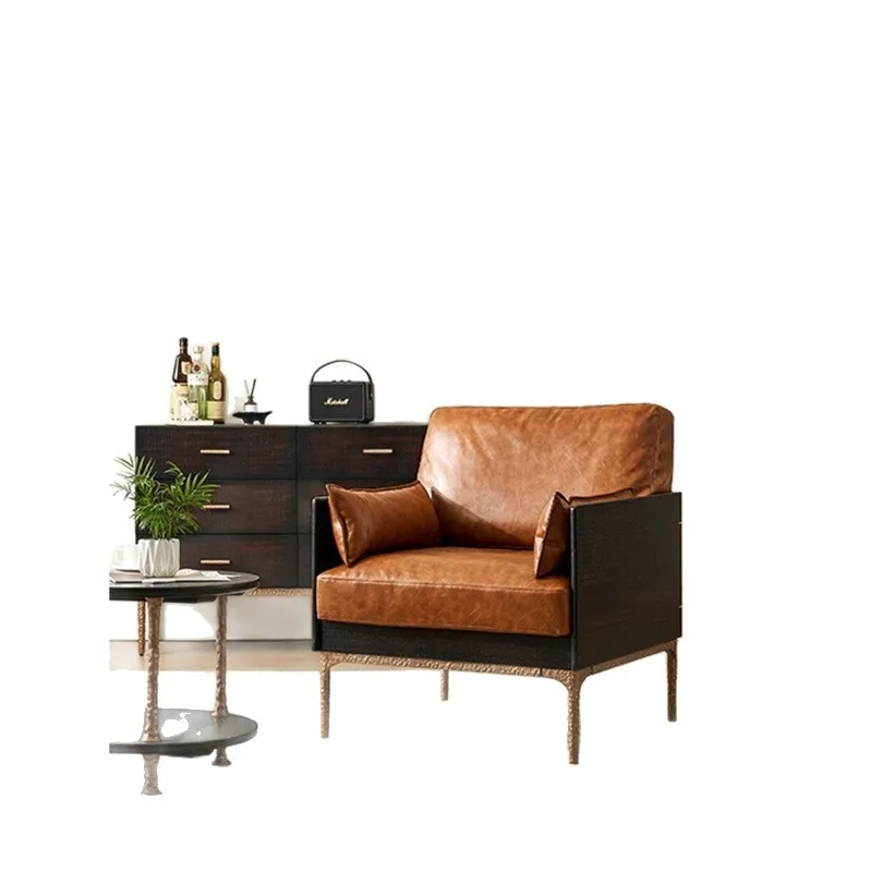 

Retro solid wood frame oil wax leather sofa antique three people