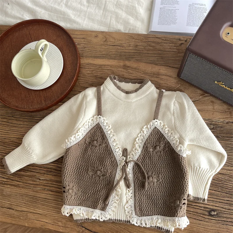 Sweater Knitting Girl Fake Two Pieces 2024 New Western Wool Top Cute Sweet Simple Comfortable Active Autumn