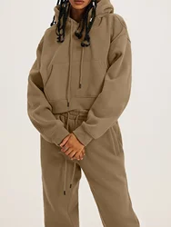 Two Piece Sets Women Hooded Full Sleeve Splice Solid Sweatshirts Pockets 2023 Autumn Winter Loose Casual Long Pants Set
