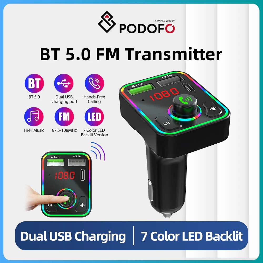 Podofo Fast Charging Bluetooth 5.0 FM Transmitter Dual USB PD Charger Music Player Colorful Ambient MP3 Lighter AUX Hands-Free