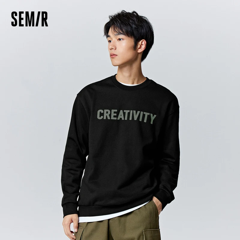 Semir Sweatshirt Men Winter Simple Contrasted Color Texture Letter Print Base Layer Fashion Casual Fit Round Neck Sweatshirt