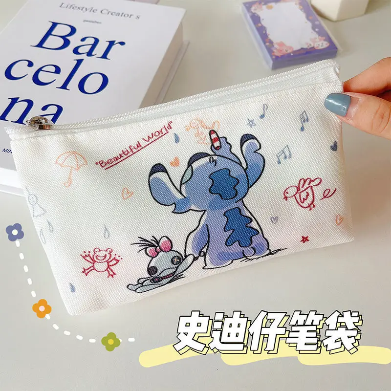 

New Disney Cartoon High-Looking Pencil Bag Girls Large-Capacity Canvas Stationery Bag Stitch Multi-Function Storage Bag Gift