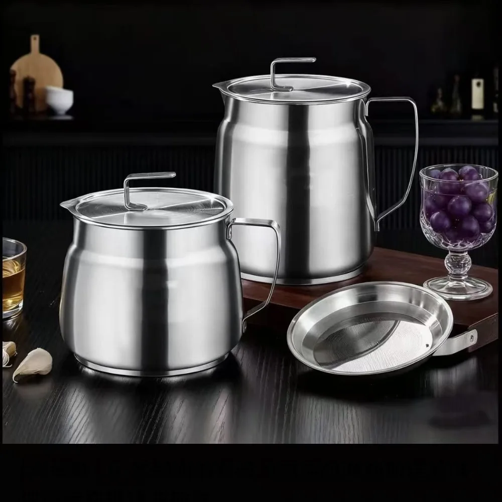 1.5/2L Stainless Steel Oil Kettle with Strainer Rustproof Oil Filtering Pot Round Leakproof Filter Oil Pitcher Deep Frying