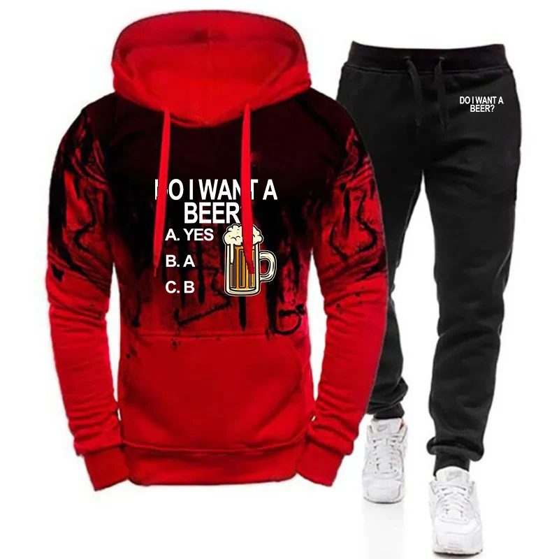 2025 Spring And Autumn Funny Beer Pattern Printing Men's New Gradient Color Set Hoodie + Casual Sweatpant Two-piece Suit