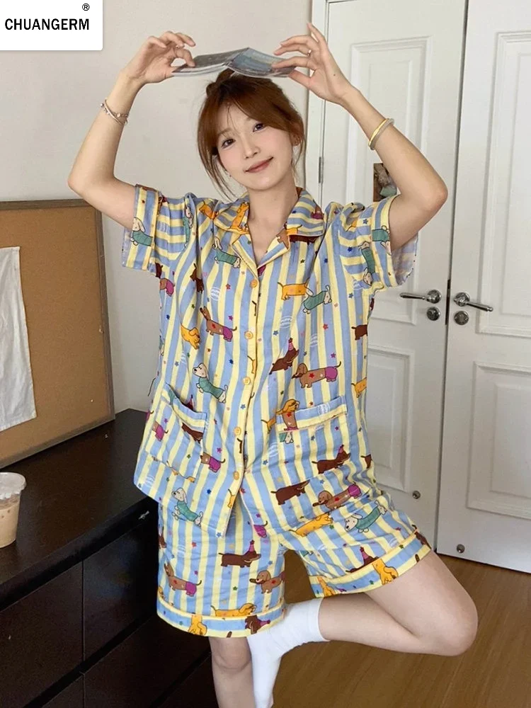 CHUANGERM Summer 2026 New Womens Pajamas Cute Dachshund Sausage Striped Short Sleeve Tops Shorts Sleepwear Fashion Cute Home 2