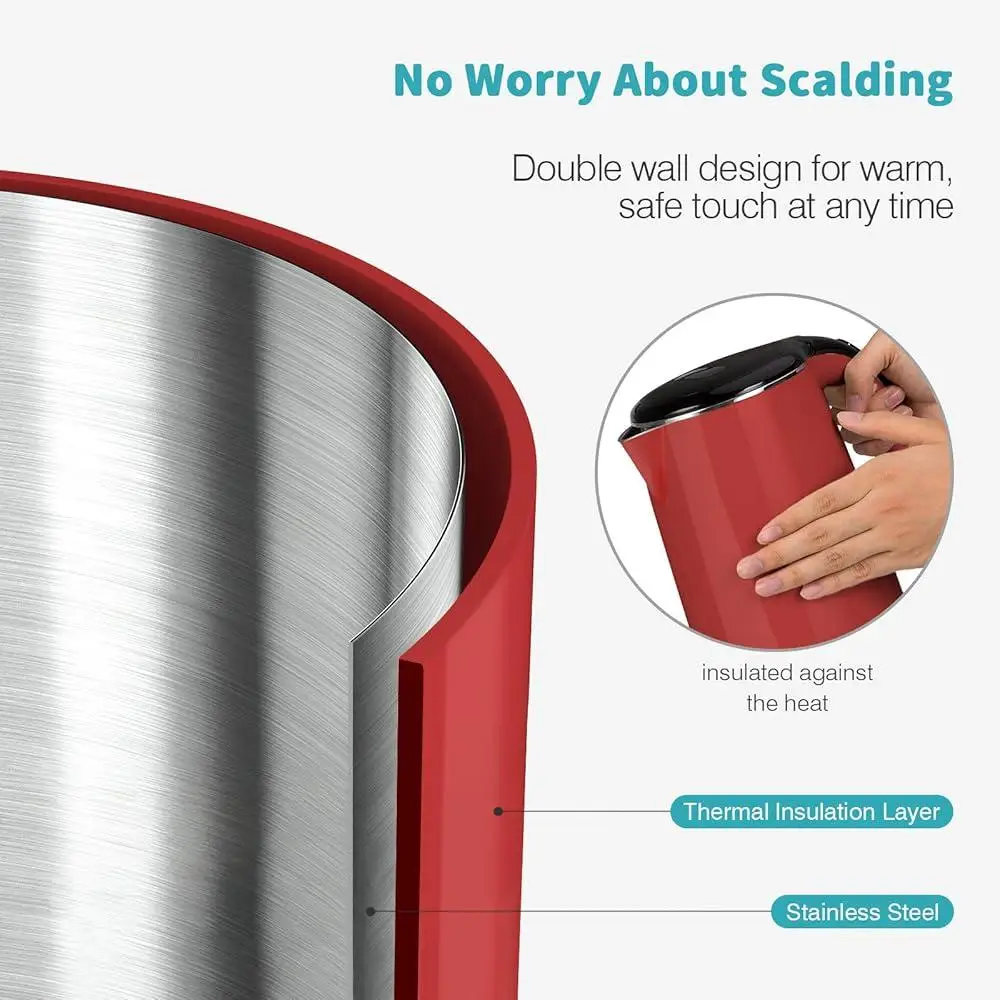 กาต้มน้ําไฟฟ้าสแตนเลสผนังคู่ปิดอัตโนมัติต้ม-แห้งป้องกัน 1.8Qt BPA ฟรีเดือดเร็วปลอดภัยใช้ประหยัดพลังงาน