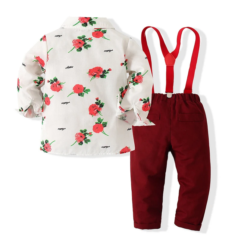 

Boys Valentine s Day Outfit Set with Long Sleeve Button Up Floral Shirt and Suspender Pants - Stylish and Adorable Look for the