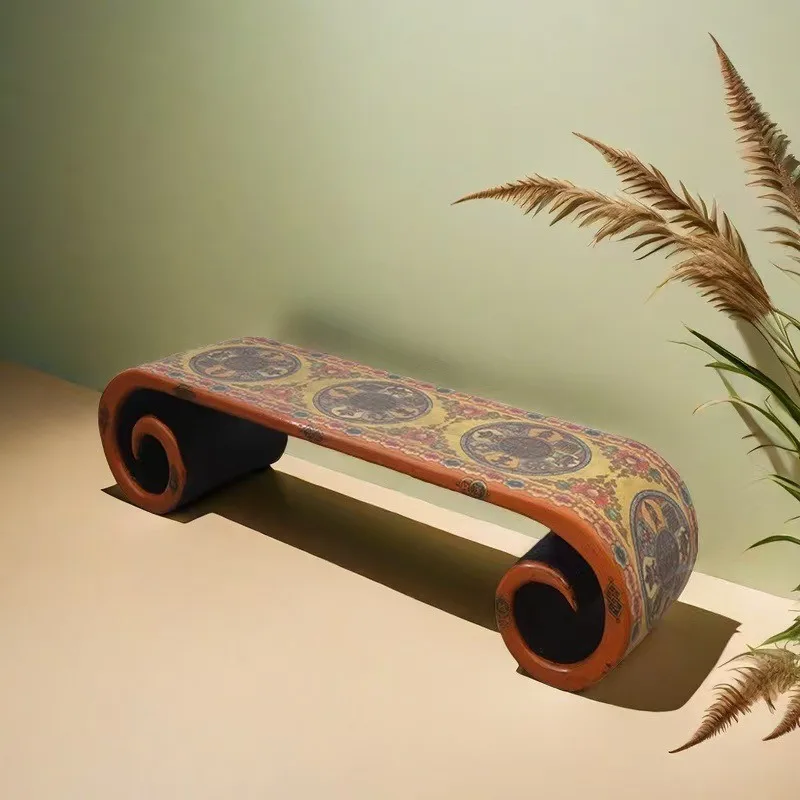 Tibetan solid wood hand-painted coffee table, Chinese classical painted roll table, classical furniture antique and old  table
