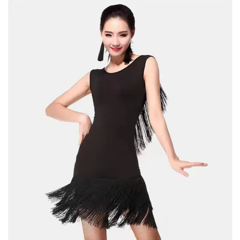 Robe de danse latine personnalisée pour femmes adultes, sans manches, à franges, vêtements d'entraînement, robes de concours de danse de salle de bal sur scène