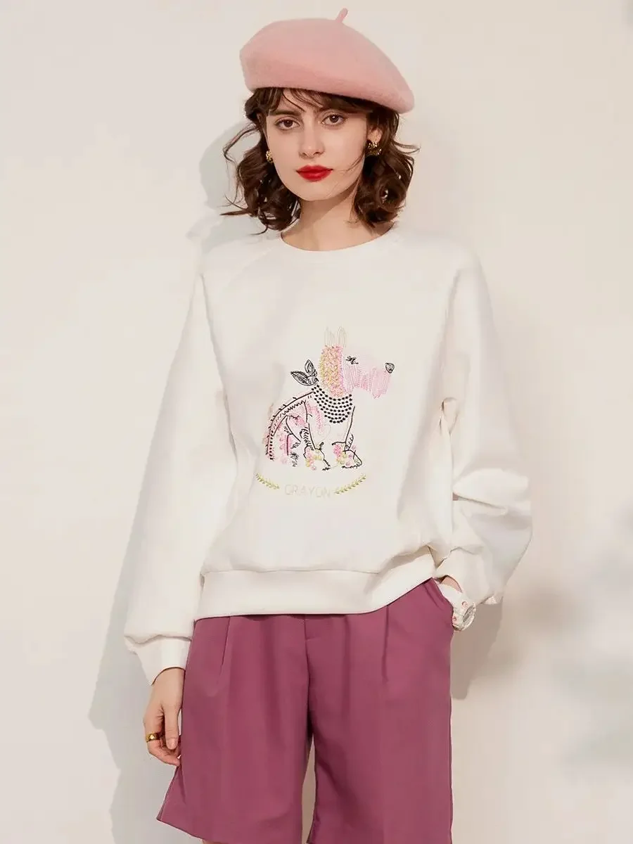 LOUIS YAO Women Hoodies 2024 Spring New Round Neck Long Sleeve Embroidered Dog Fashionable Casual Loose Fit Women Pullover Top