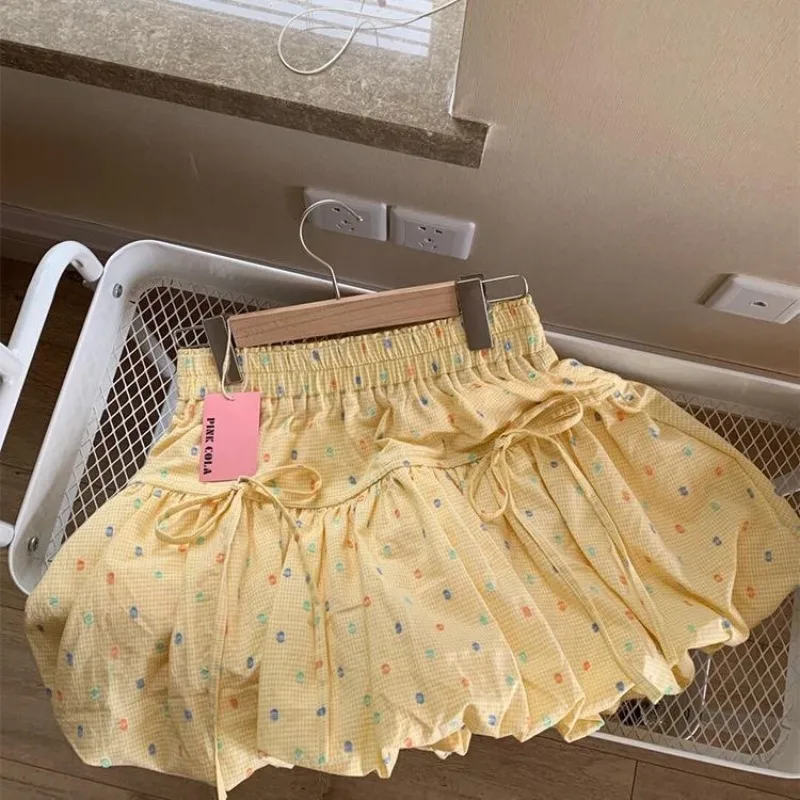 Sweet Polka Dot Colorful Floral Yellow Flower Bud Skirt Elastic High Waisted Summer New Mini Skirts Kawaii Y2k Skirt New Clothes