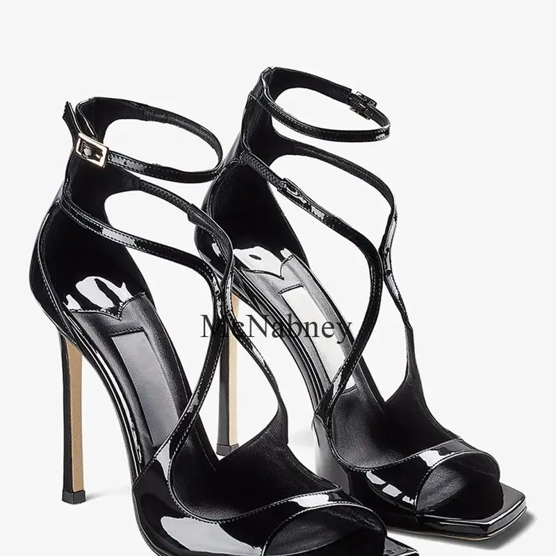 Patent Leather Peep Toe Women Sandals Summer Fairy And Concise Style Stiletto Super High Heels Cross-Tied Buckle Strap Design