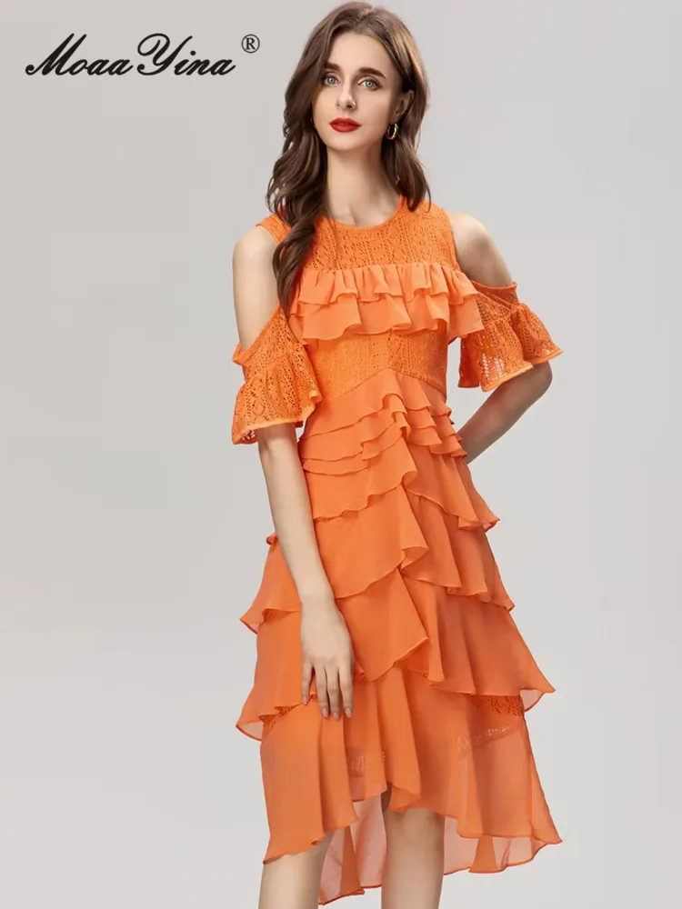 

MoaaYina Autumn Fashion Designer Orange Vintage Tank Dress Women Butterfly Sleeve Lace High Waist Slim A-LINE Spliced Long Dress