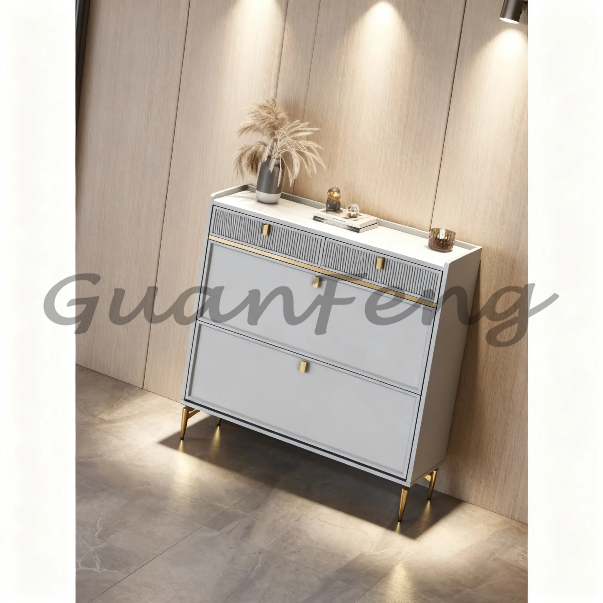 Cream Ultra Slim Flip Down Shoe Cabinet, Light Luxury Stone Slab Top with Drawers, Porch Shoe Storage Cabinet