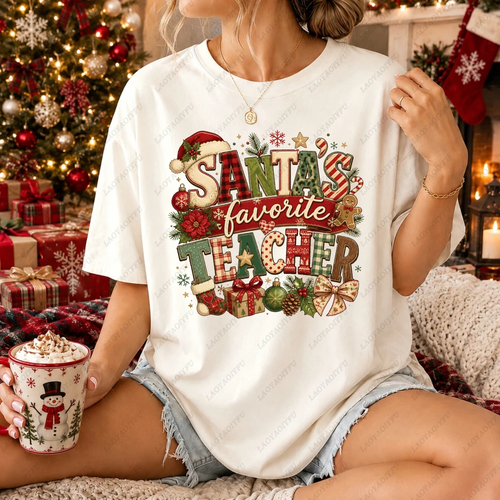 Santas Favorite Teacher Graphic T-Shirt Women Cotton Plaid Letter Gift Print Tee Short Sleeve School Casual Holiday Streetwear
