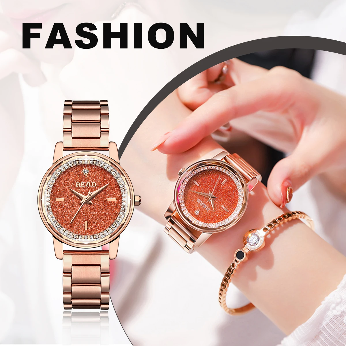READ Ladies Analog Wristwatch | Sparkly Starry Dial | Rose Gold Tone Steel Band | Daily Waterproof Dress Watch