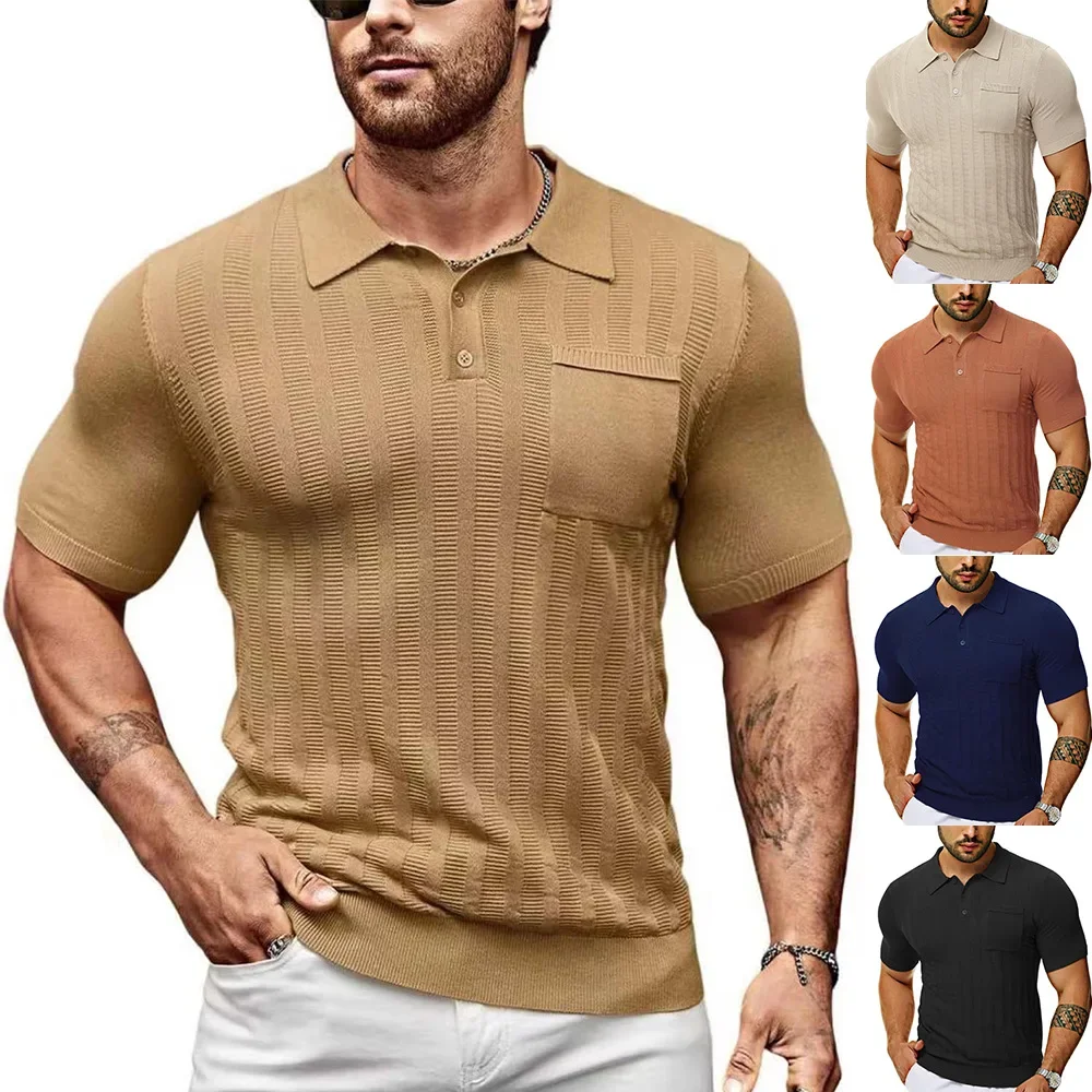 Fashion Men's Casual Polo Shirt Short Sleeve V-Neck Cutout Breathable Knitwear Summer Male Top