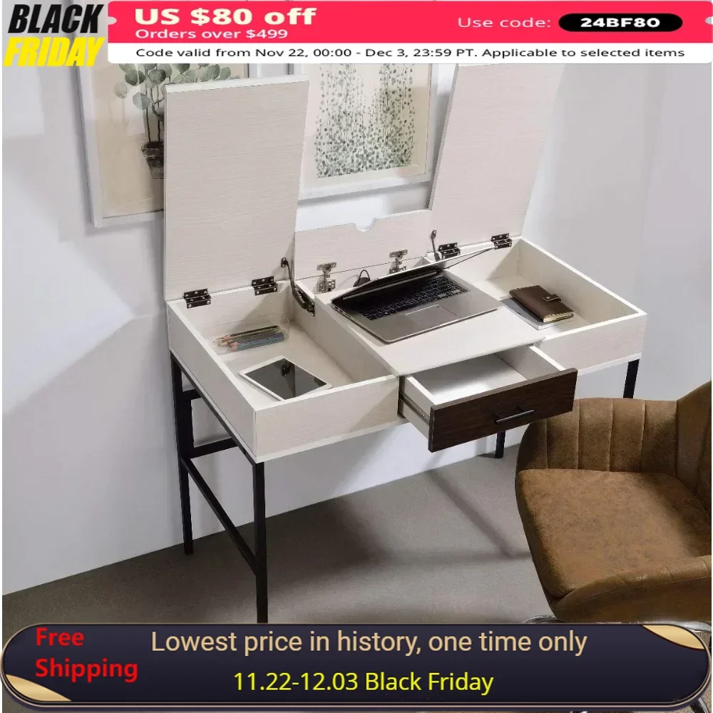 42in Industrial Computer Desk with Storage Drawer, Built-in USB Port & Sockets, Writing Table with Metal Frame，Home Office Desk