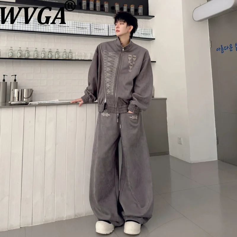 WVGA 2026 Autumn New Men Zipper Embroidered Trendy Stand Collar Coat Niche Chic Casual Wide-Leg Pants Two Pieces Sets Ins W27372