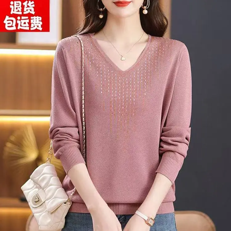 

V-Neck Knitted Sweater Stylish Versatile Plus Size Loose Sweater for Middle-Aged Women