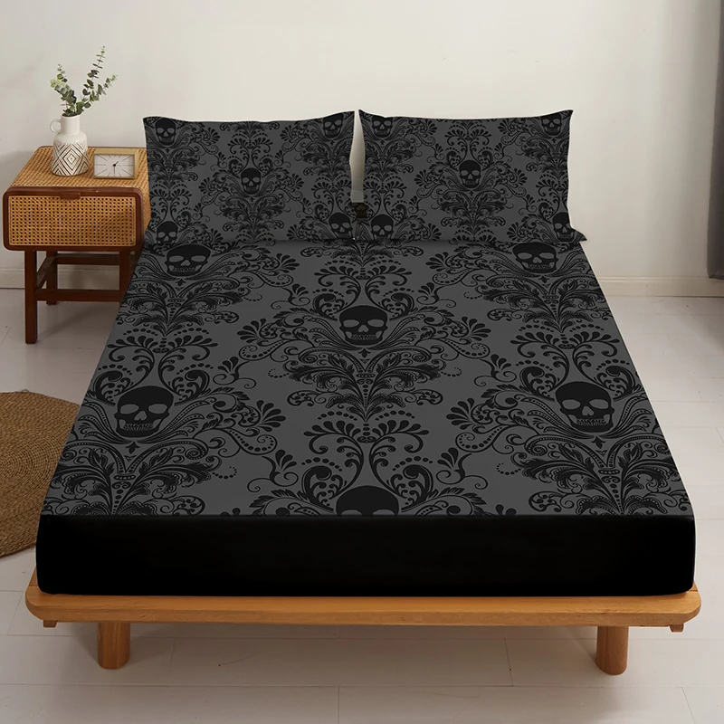 3pcs Skull Flower Bed Sheet Set With Flower Skull Pattern, Includes 1 Fitted Sheet And 2 Pillowcases, Suitable For All Seasons